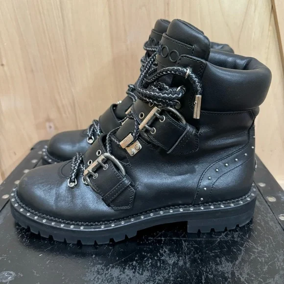 Jimmy Choo Calfskin Breeze Biker Combat Boots Sz 37.5 Black Moto Buckle Studded - Picture 12 of 16